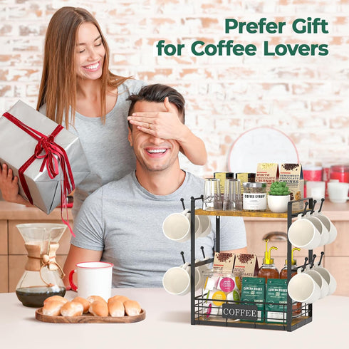 EsLuker.ly 2 Tier Coffee Bar Organizer, Multi-functional Countertop Shelf with 12 Hooks for Home Office