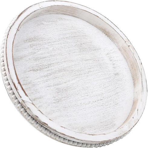 Hrastany Round Wood Serving Tray with Beaded, 13 Rustic Wooden Decorative Coffee