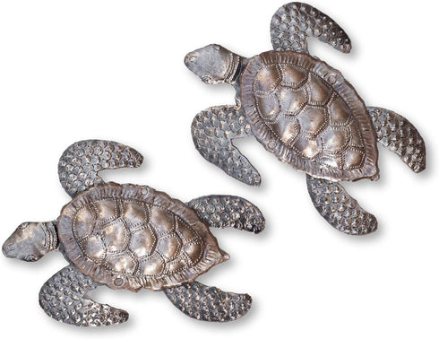 Sea Turtles Beach Metal Art - Set of 2 Nautical Wall Hanging Figurines, Handmade in Haiti, 6 x 7.75 Inches