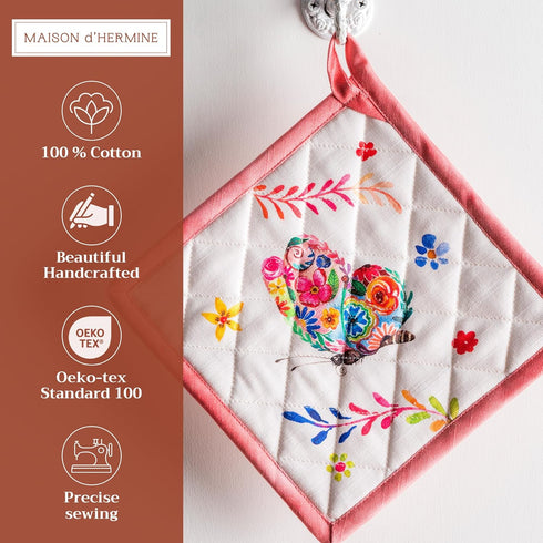 Maison d' Hermine 100% Cotton Pot Holders Set, Heat Resistant 8" x 8" Hot Pads for Cooking, Pack of 2