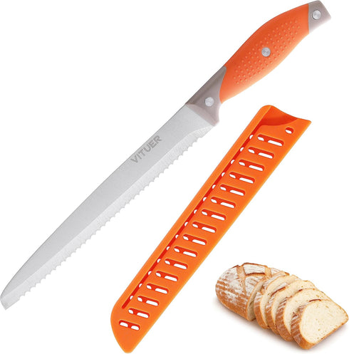 8 Inch Bread Knife with Cover, Serrated Bread Cutter Ideal for Slicing Homemade Bread, Bagels, Cake