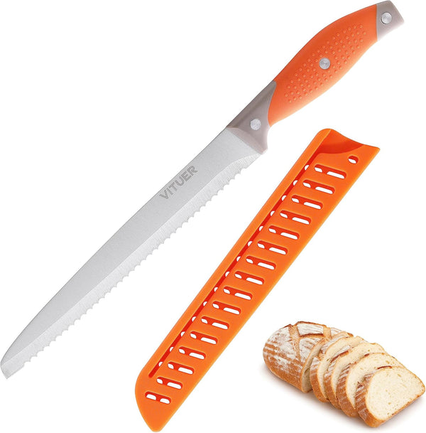 8 Inch Bread Knife with Cover, Serrated Bread Cutter Ideal for Slicing Homemade Bread, Bagels, Cake