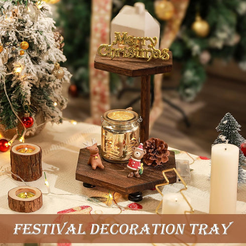 Tikea Hexagonal Wood Riser for Display - 2-Tier Rustic Wood Pedestal Stand for Kitchen Bathroom Counter Decor