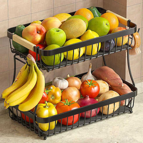 Sevenblue 2 Tier Large Fruit Basket for Kitchen Counter with 2 Mobile