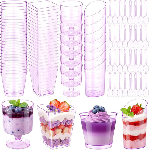 Funnymoom 300 Pack Clear Purple Mini Dessert Cups with Spoons 5oz 3oz Plastic