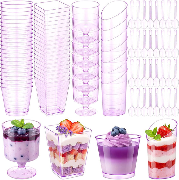 Funnymoom 300 Pack Clear Purple Mini Dessert Cups with Spoons 5oz 3oz Plastic