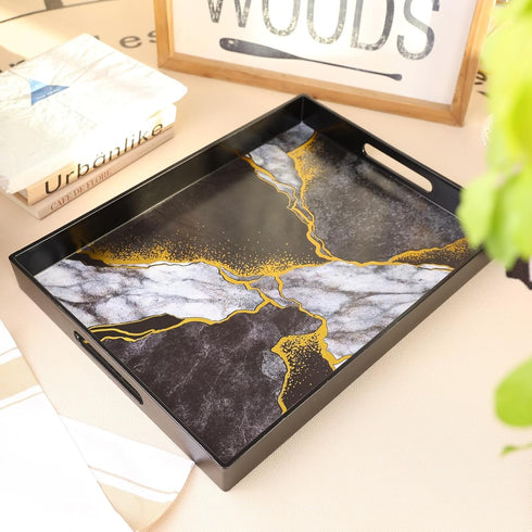 Counter, 15.7*11.8*1.6 Marble Black Decorative Tray for Coffee Table, Ottoman, Rectangular Plastic Serving Platter Tray
