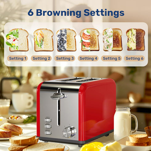 YSSOA Stainless Steel Toaster: 2 Slice with Extra Wide Slot, 6 Shade Settings, Red