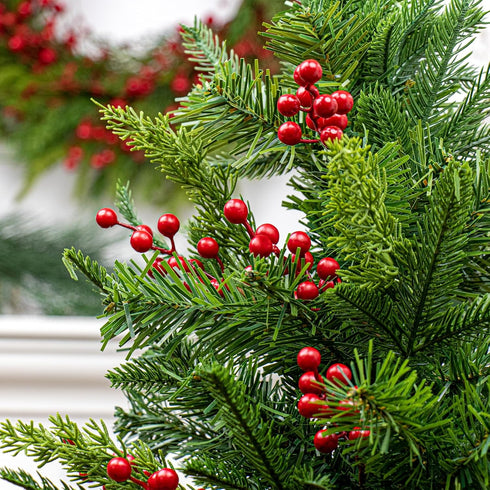 30 9.5 Inches 6.5 Inches PCs Christmas Picks Winter Christmas Tree Stems Evergreen Pine Needle Branches Red Berry Picks