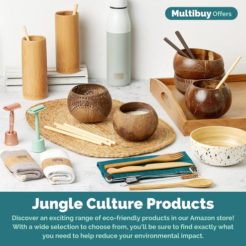 Jungle Culture 2 Polished Coconut Bowl Set with Wooden Spoons & Bamboo Straws, Eco-Friendly Vegan Gifts