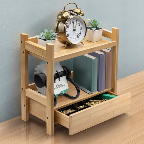 Sorbus 2-Tier Bamboo Countertop Shelf with Hidden Drawer, Makeup Organizer, Multi-Purpose Storage for Skincare