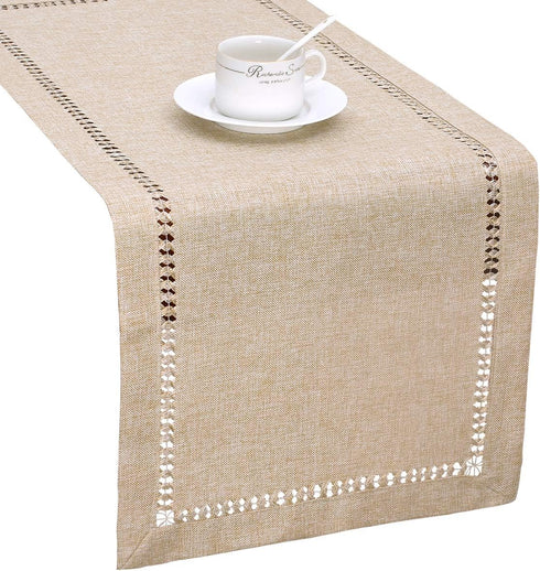 Grelucgo Handmade Hemstitch Beige Table Runner, Rectangular 14 by 90 Inch