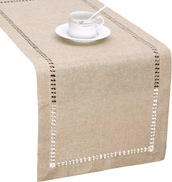 Grelucgo Handmade Hemstitch Beige Table Runner, Rectangular 14 by 90 Inch