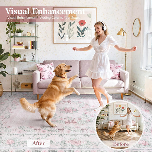 4ft Wonnitar Bow Print Washable Round Rug, Pink Circle Rug for Girl Nursery Decor, Non Slip Ultra-Thin Soft Boho Floral