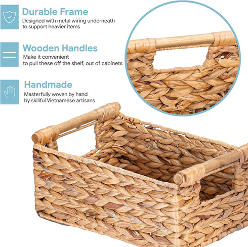 VATIMA Hyacinth Small Wicker Basket 11.6x8.1x4.9", Decorative Storage with Wooden Handle for Bathroom Organizer