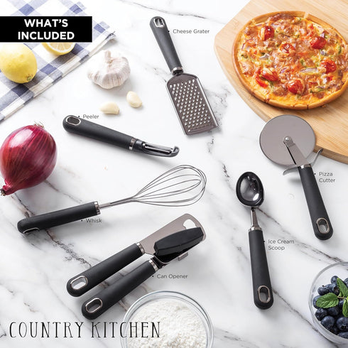 Country Kitchen 6 Pc Essentials Kitchen Stainless Steel Gadget Set Black Gun Metal with Soft Touch Black Handles for Cooking by Country Kitchen