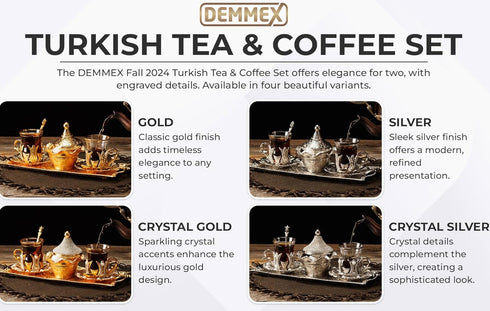 DEMMEX Set 2 2 3.3 oz 12" 5" Turkish Tea and Coffee Serving for Includes Glasses, Metal Glass Holders, Saucers, Spoons