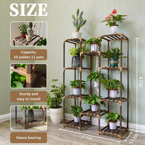 10 11 Uneedem Plant Stand Indoor Outdoor, Tall Plant Shelf for Multiple Plants, tiers Pot Large Plants Holder Rack Wood
