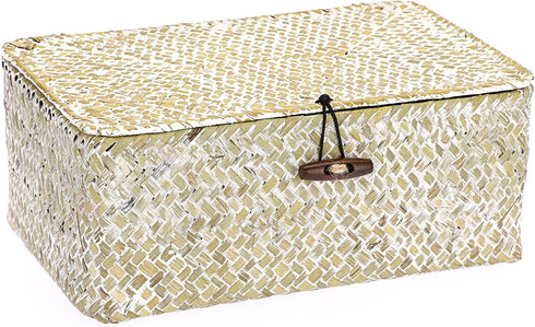 Hipiwe Wicker Shelf Baskets Bin with Lid, Natural Seagrass Storage Boxes, Multipurpose Home Organizer Bins