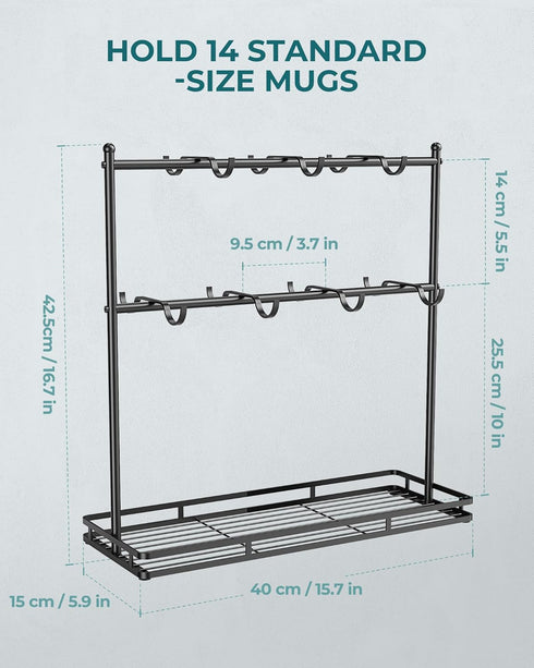 OROPY 14-Hook Coffee Mug Holder for Countertop, 2 Tier Mug Display Stand with Heavy Duty Metal Base