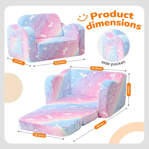 2-in-1 MeMoreCool Glowing Rainbow Unicorn Kids Chair - Convertible Fold-Out Kids Couch for Girls, Glow-in-the-Dark