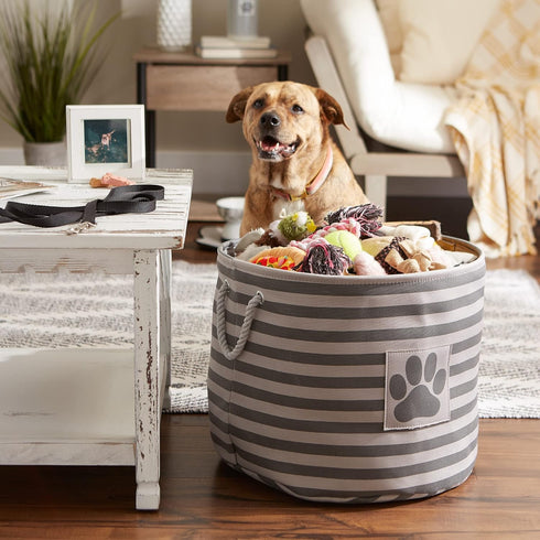 Bone Dry Pet Storage Collection Large Round Bin with Striped Paw Patch, Gray