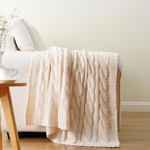 Battilo Cream Ivory Cable Knit Throw Blanket for Couch, Super Soft Warm Cozy Decorative Knitted Throw 50"x60"