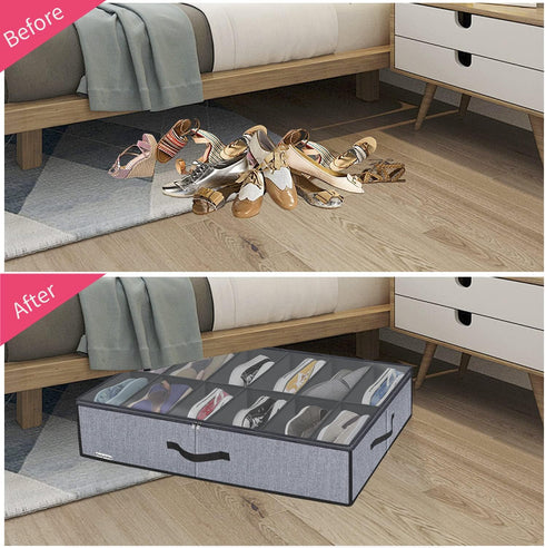 Onlyeasy Large Under Bed Shoe Organizer (12 Pairs x 2) with Metal Zipper, 2 Handles, Breathable, Linen-like Grey