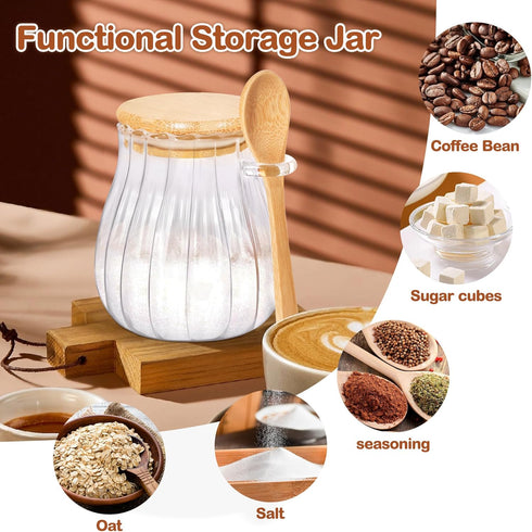 Quald 15oz Sugar Container with Bamboo Lid and Spoon,Sugar Bowl Glass Jar for Coffee Bar Accessories Coffee Canister