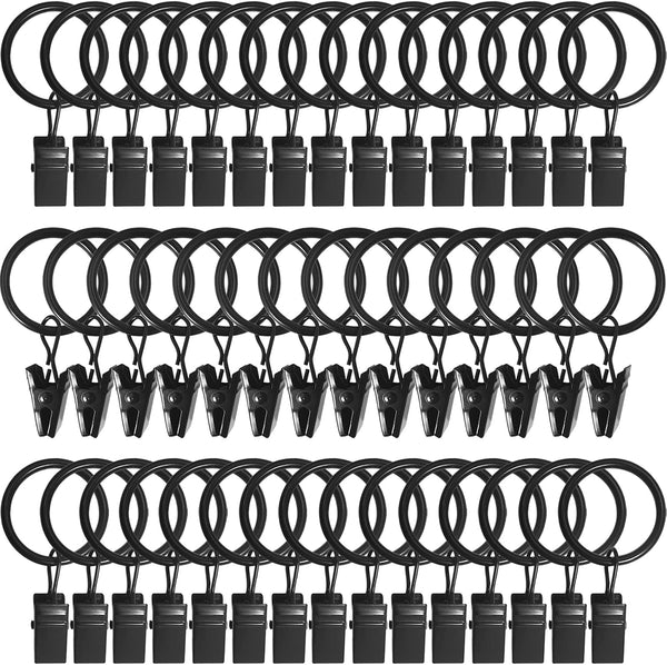 44 Pack Metal Curtain Rings with Clips, Drapery Clips with 1 in I D, Fits 6/8 in Curtain Rod, Black