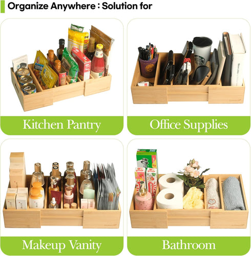 Expandable Kitchen Cabinet Organizer for Food Storage Container Lids, Bamboo Drawer Caddy, Adjustable Dividers