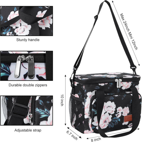 Femuar Lunch Bags for Women/Men: Insulated Lunch Cooler Bag with Adjustable Shoulder Strap - Pink Flower