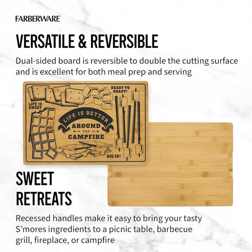 Farberware Bamboo Campfire Cutting Board, 12x18 Inch, Reversible Kitchen Board with Recessed Handles for Meal Prep