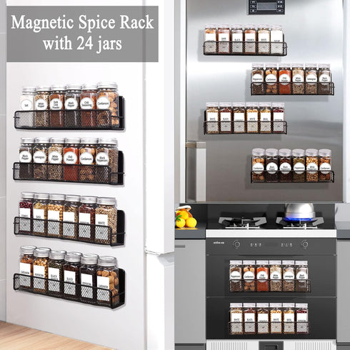 24 4 OZ 4 Churboro Magnetic Spice Rack for Refrigerator with Spice Jars- Includes Pcs Seasoning Containers with Labels