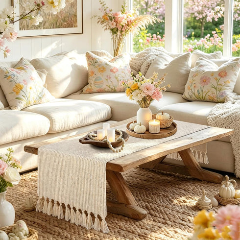 48 Inches yuboo Spring Boho Table Runner Short, Dresser Runner Cover Top, Beige Macrame Coffee Table Runners for Living