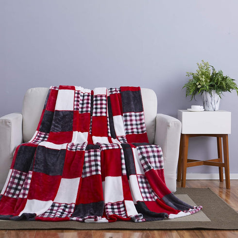 63x87, Tache Holiday Red Farmhouse Super Soft Micro Fleece Plaid Patchwork Plush Lightweight Dual-Sided Decorative