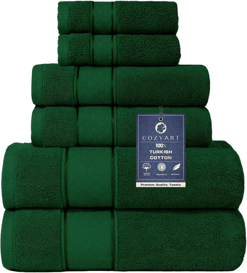 COZYART Formal Green Bath Towel Set 6 Piece, Luxury 100% Turkish Cotton