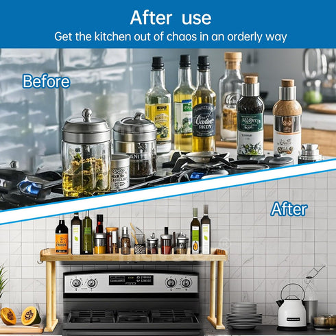 6 33.5 4.5 13.4 MAVOTER Over The Stove Top Shelf for Kitchen Bamboo Spice Rack Organizer for Back of Stove
