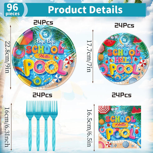 Summer 24 Bye Bye School Hello Pool Party Plates Napkins Forks, End of School Year Party Decorations, Disposable Pool