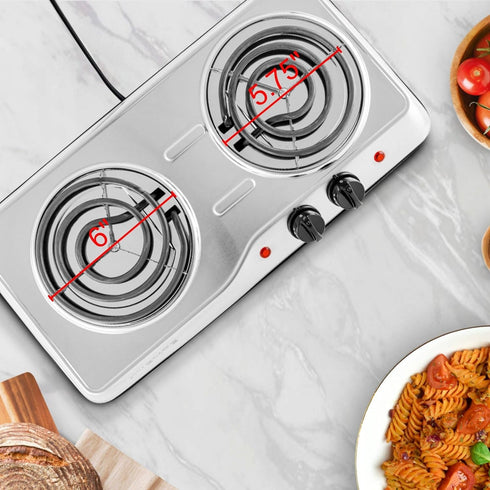 OVENTE Electric Countertop Double Burner, 1700W Cooktop with Stainless Steel Coil Hot Plates, Silver