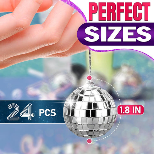 24 PCs Mini Disco Balls Set - 1.8 in Ornaments for Parties, Lightweight & Portable Decorations, Silver Sparkle