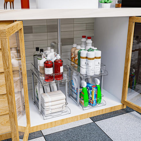 SuoXing 12.8" Tall 2 Tier Bathroom Cabinet Organizer, Set of 2 Clear Pull-Out Under Sink Organizers