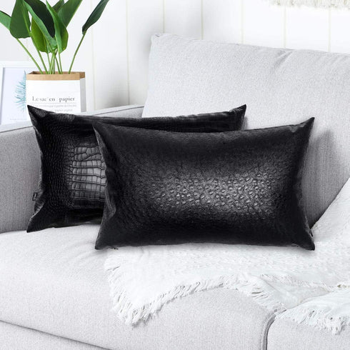 Black Ostrich Skin Faux Leather Pillow Cover, Decorative Modern Throw Cushion Case 12x20 Inches
