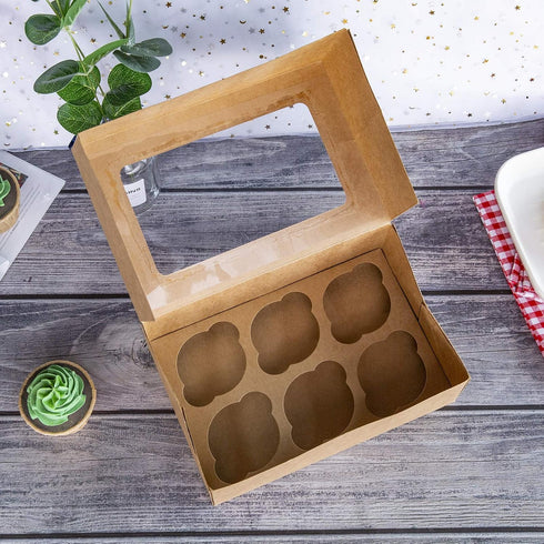 ONE MORE Cupcake Boxes with Inserts, 6 Holders, 9.5x6.3x3inch Large Brown Kraft Bakery Boxes with Window, Pack of 15