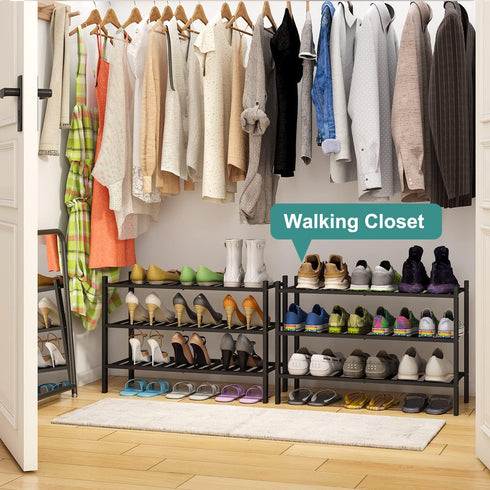 3-Tier Closet, viewcare Black Bamboo Shoe Rack for Entryway, Stackable | Foldable | Natural, Shoe Shelf Storage