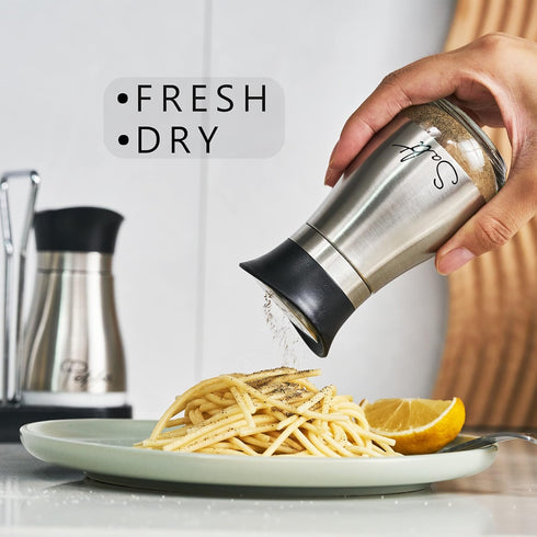 Lonffery Salt and Pepper Shakers Set, Stainless Steel Salt Containers with Glass Bottle, Set of 2