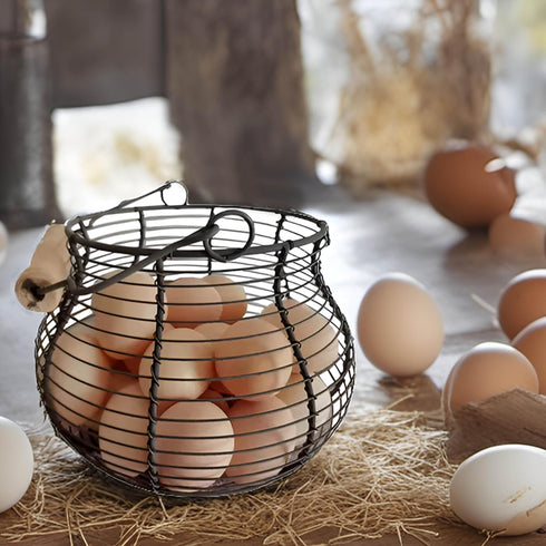 LINCOUNTRY. Countertop Farmhouse Wire Egg Baskets for Gathering Fresh Egg With Handle, Round Metal Chicken Egg