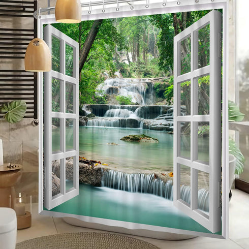 Baocicco Nature Landscape Shower Curtain Summer Forest River Jungle Waterfall Lake Window Scenery Shower Curtains Decorative for Bathroom Waterproof Fabric Shower Curtain with Hooks 72x72 Inches by Baocicco
