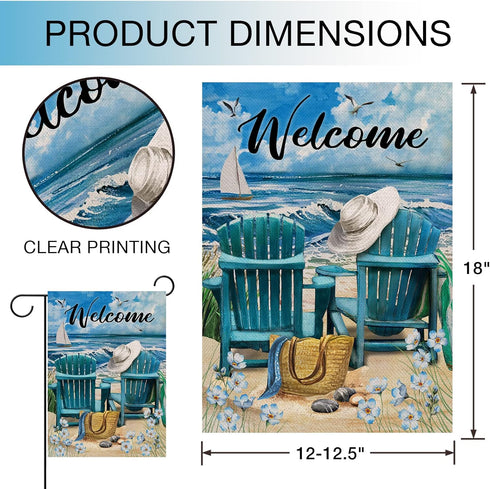 Welcome Summer Blue Sea Ocean Chairs, Myosotis Sylvatica Flower Beach Garden Flag, Tropical Outdoor Decor for Yard