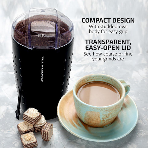 OVENTE Black Electric Coffee Grinder - Compact Grinding Mill with Stainless Blade for Beans, Spices, Herb, Tea